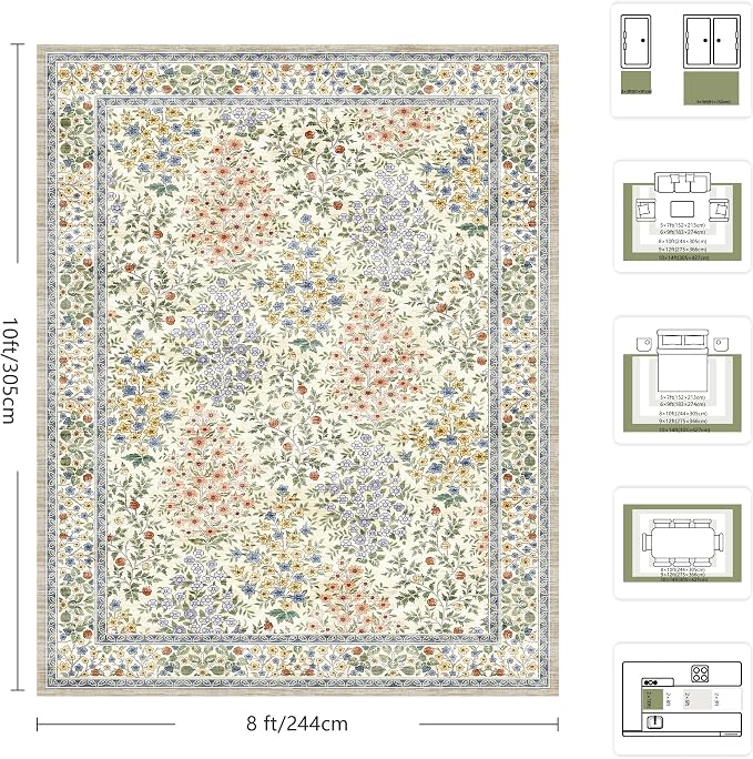 8x10 Area Rugs, Machine Washable Low Pile Floral Rugs for Living Room, Bedroom, Large Boho Area Rug with Non-Slip Backing for Dining Room(Beige Floral)
