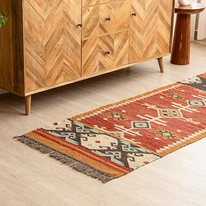 Jute Traditional Kilim Rug Boho Flatweave Area Rug for Living Room, Living Room Entryway, Tribal Series, 2'x6'