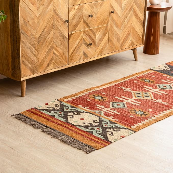 Jute Traditional Kilim Rug Boho Flatweave Area Rug for Living Room, Living Room Entryway, Tribal Series, 2'6"x12'