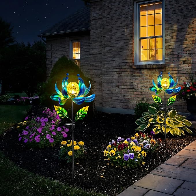 38-Inch Solar Wind Spinner Outdoor, Metal Kinetic Lotus Yard Art with Glass | Glowing Crackle Glass Light And Rotating Lotus Petals Create Eye-Catching Yard Art For Patios, Lawns And Garden Pathways