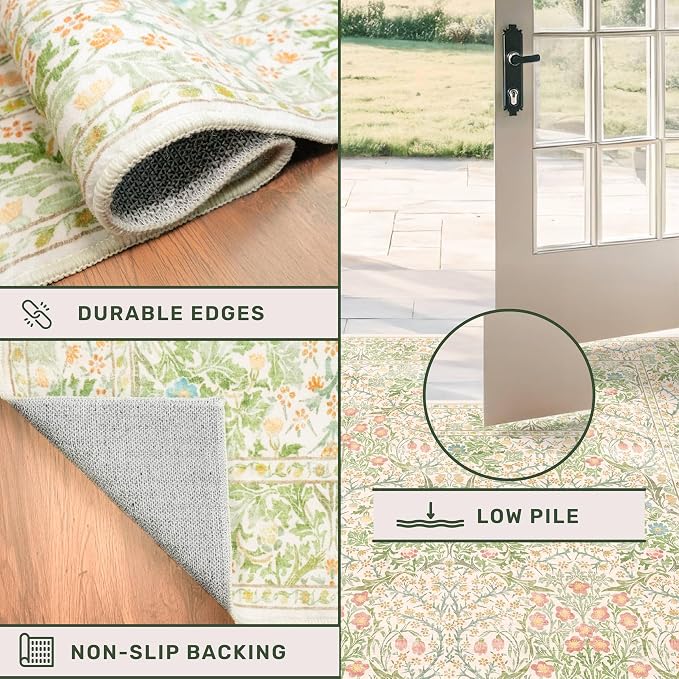 Light Beige Green Living Room Rug, 6x8 Washable Area Rug for Kids Room, Bedroom, Nursery Room, Living Room, Dining Room, Low Pile Non-Slip - Vintage Design & Stain Resistance