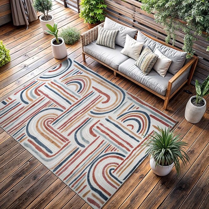 CAMILSON Indoor Outdoor Rug, Multicolor 9x12 Geometric Arch Striped Large Area Rugs for Patio and Home Areas, Easy-Cleaning Non-Shedding Living Room, Garden and Deck Washable Outside Carpet (9 x 12)