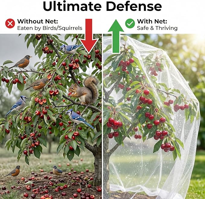 10ftx10ft Large Fruit Tree Netting Cover with Zipper & Drawstring, Garden Mesh Netting for Protecting Plants from Birds,Squirrels &Bug,Ultra Fine Weather Resistant Tree Netting