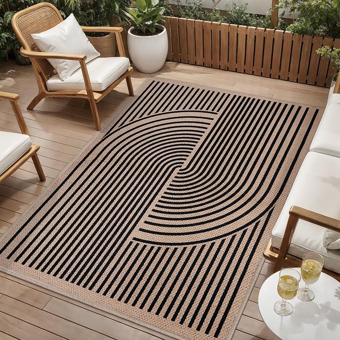 Tangsoo Easy Jute Area Rug 4x6 Washable Rug for Indoor Outdoor Patio,Non-Slip Black Indoor Outdoor Carpet,Boho Farmhouse Throw Mat for Front Porch Kitchen Bedroom Foyer