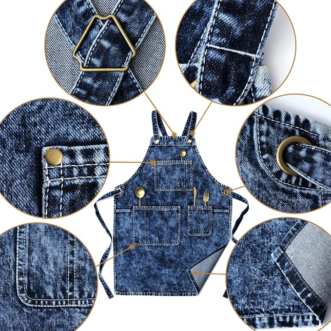 Jeanerlor - Special Washing Style Jean Apron for Men Denim Aprons with Towel Loop + Tool Pockets, Adjustable L to XXL(Blue-Black)