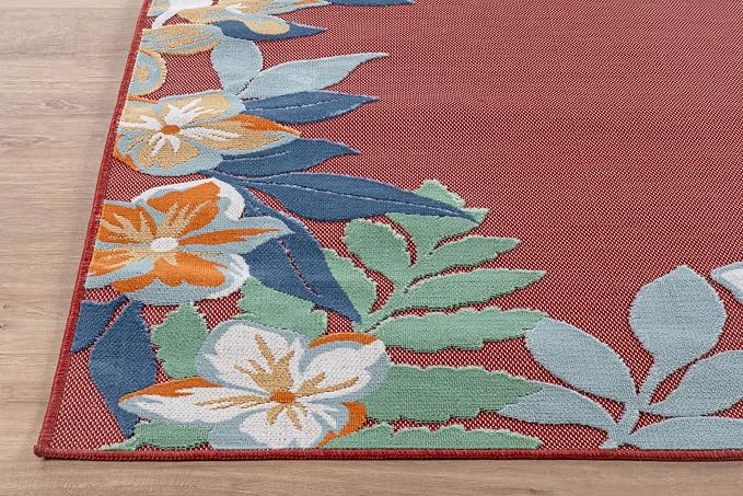 Outdoor Rug 6x9 Washable Area Rugs Indoor Outdoor Carpets Red Border Floral Non Shedding Waterproof Easy Clean Patio Deck Porch Living Room Bedroom Garden RV (6 X 9 Red)
