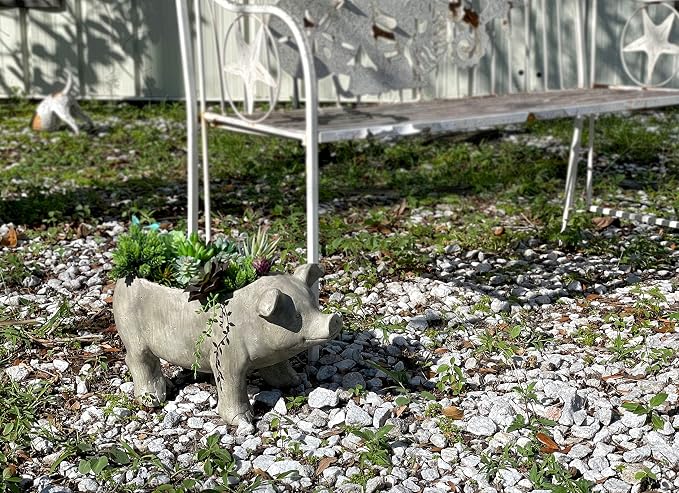Zeckos Charming Rustic Weathered Grey Smiling Pig Resin Planter Plant Pot - Adorable Outdoor Décor Accent for Porches, Patios, Yards and Gardens - 17 Inches Long