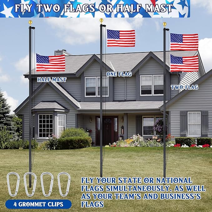FuWeave Flag Poles for Outside House in Ground 25 ft Sectional Flag Pole Kit Extra Thick 16 Gauge Heavy Duty Aluminum Flag Pole with Gold Ball Top for Residential or Commercial(Black)