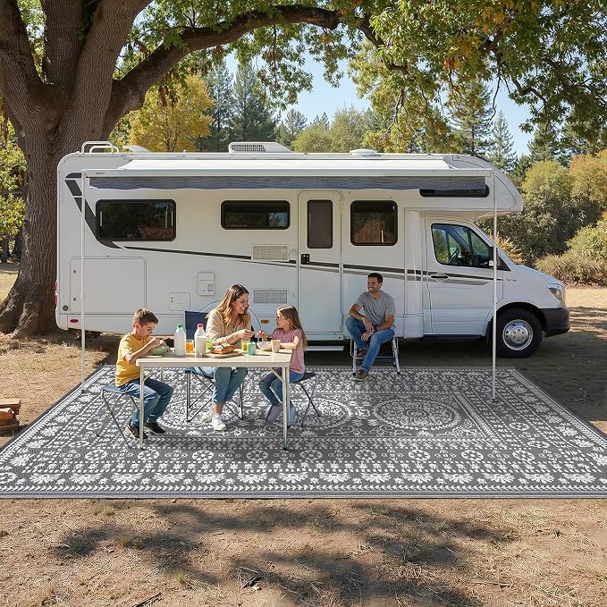 Garvee Reversible Outdoor Rug 9x18 for Patio, Waterproof Outdoor Area Rug, Modern Medallion Indoor Outdoor Rugs, Plastic Straw Rug for RV, Camping, Deck, Vintage Grey