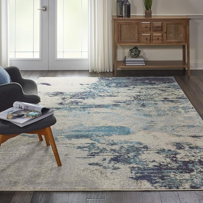 Nourison Home Celestial Ivory Teal Blue 7' x 10' Area Rug - Easy Clean, Non Shedding, Bed Room, Living Room, Dining Room, Kitchen (7' x 10')