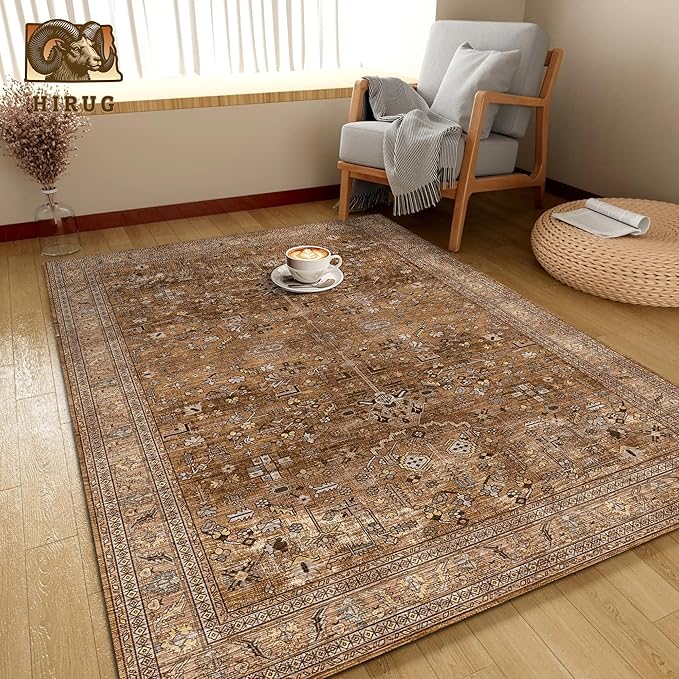 Washable Area Rug 3' x 5 ' Vintage Traditional Persian Mat - Foldable Distressed Non-Slip Machine Washable Carpet for Living Room Bedroom Kitchen Home Decor - Bronze and Ivory