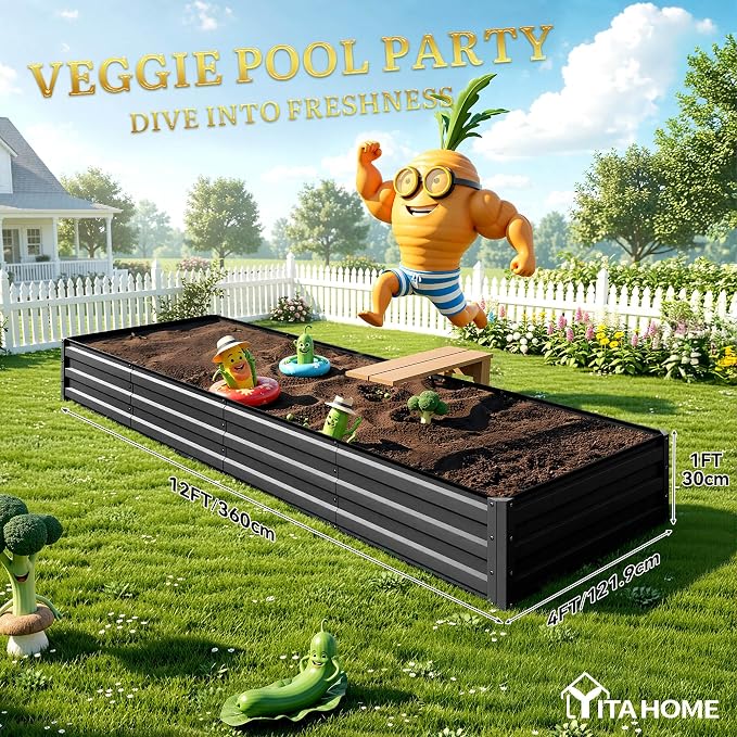 YITAHOME 4pcs 12x4x1 ft Galvanized Raised Garden Bed Kit, Large Metal Planter Box with Gloves, Safety Rubber & Support Rod, Outdoor Flower Bed for Plants Vegetables, Black