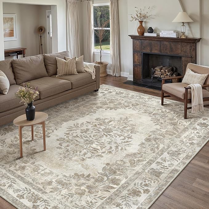 6x9 Washable Area Rug Living Room Cream Beige Vintage Large Carpet | Soft Low Pile, Non Slip, Stain Resistant, Floral Medallion, Neutral Retro Decor for Bedroom, Dining Room, Kids Room, Office