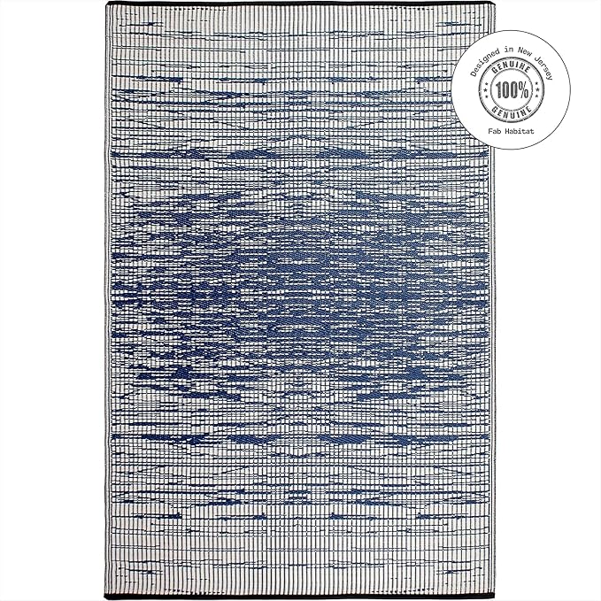 Fab Habitat Outdoor Rug - Waterproof, Fade Resistant, Crease-Free - Premium Recycled Plastic - Distressed Abstract Stripes - Large Patio, Deck, Sunroom, Camping, RV - Brooklyn - Blue - 6 x 9 ft