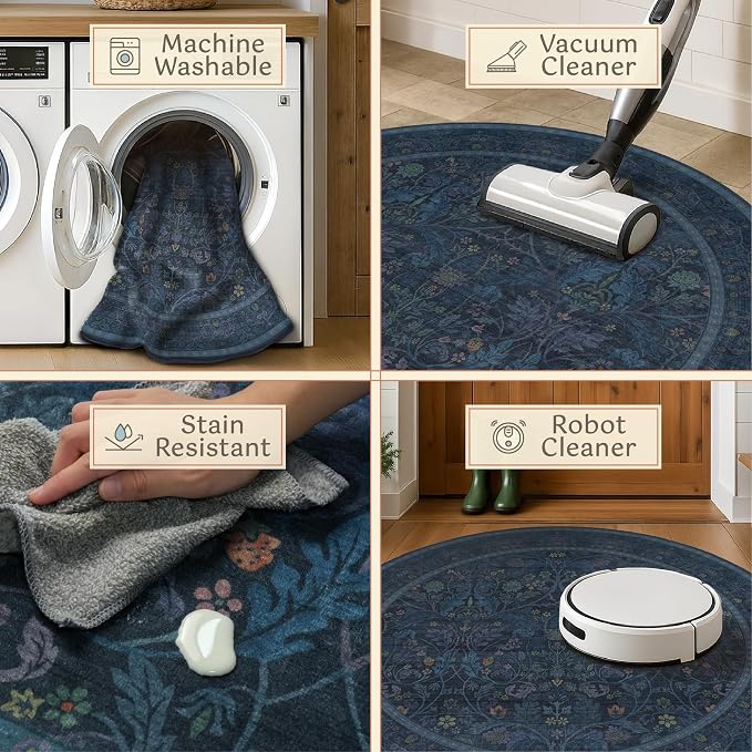 Washable 6ft Round Living Room Rug, Thin Circle Rug for Dining Room Under Table Non Slip, Floral Carpet Boho Décor Bedroom (Dark Blue)