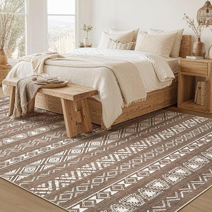 kakania Washable 9x12 Area Rug for Living Room: Boho Geometry Home Decor | Soft Stain Resistant, Low-Pile, Non-Slip, Pet & Kid Friendly, Thin Rug for Bedroom/Dining Room/Kids Dorm - Dark Brown