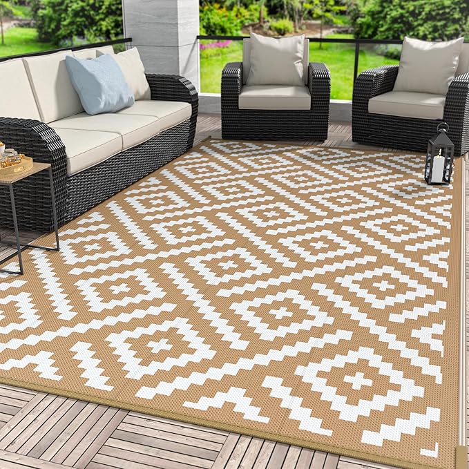 GENIMO Outdoor Rug for Patio Clearance, 6'x9' Waterproof Camping Mat, Reversible Plastic Straw Rugs for RV, Camper, Balcony, Backyard, Picnic, Deck (Brown & White)
