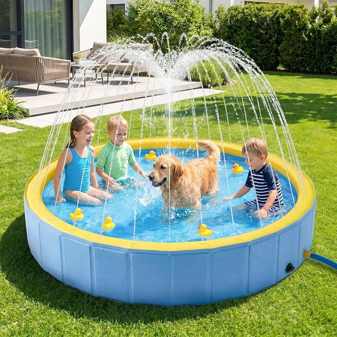 Foldable Dog Pool with Sprinkler, Ideal Splash Pool Swimming Pools | Large 48” Dog Pool, Splash Pad, Hard Plastic, Non Slip, Portable Dog Swimming Pool for Outdoor Backyard