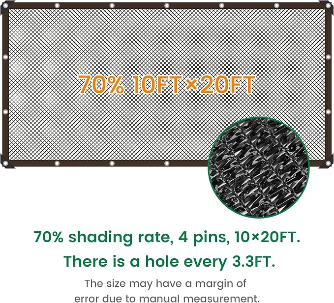 70% 10 X 20 FT Black Shade Cloth, Outdoor Sunblock Shade Cloth with Grommets, Durable Sun Shade Netting Shading Antifreezing for Patio, Garden, Plants Cover, Greenhouse, Barns, Dog Kennel