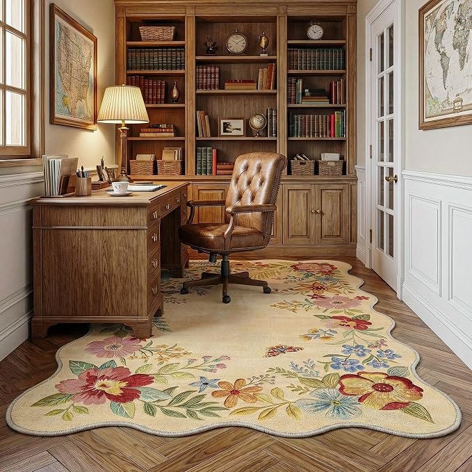 FMFUNCTEX 3x4 Washable Beige Floral Vintage Scalloped Area Rug for Entryway | Flower Colorful Traditional Boho Non Slip Low Pile Pattern Indoor Carpet Entrance Soft Rug Living Room Bedroom Kitchen Office