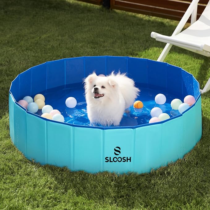 SLOOSH Foldable Dog Kiddie Pool - Portable Hard Plastic Doggie Swimming Pool, Anti-Slip Collapsible Pets Bath Tub Suitable for Kids Indoor Outdoor Backyard Use (Blue, 48" x 12")