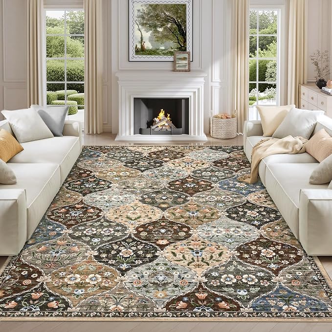 ROYHOME 8x10 Area Rug Trellis Floral Machine Washable Rug for Living Room | Stain Resistant Non-Slip Accent Rug Carpet Farmhouse Vintage Distressed Floor Cover for Home Decor, Taupe/Brown