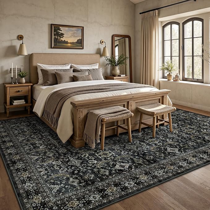 6x9 Area Rugs - Washable Vintage Retro Living Room Rug, Soft Ultra Thin Non Slip Low Pile Traditional Distressed Boho Carpet for Bedroom Dining Room Nursery Home Office, Black Gold