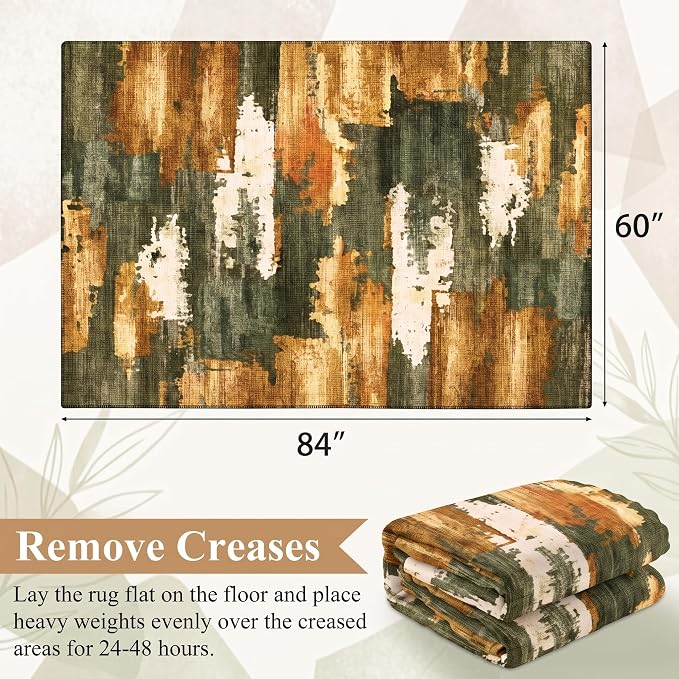 5x7 Green & Brown Abstract Brushstroke Area Rug for Living Room | Soft Low-Pile Machine-Washable Rug with Non-Slip Backing for Bedrooms, Dining Rooms and Home Offices, Designed for Daily Care