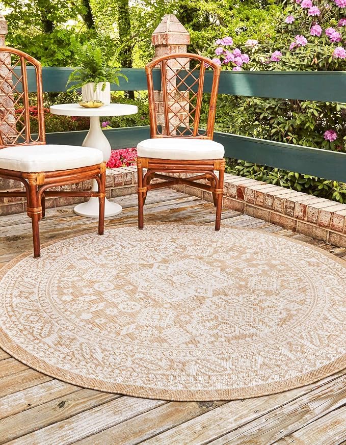 Unique Loom Outdoor Aztec Collection Area Rug - Chalca (7' 10" Round, Natural/ Ivory)