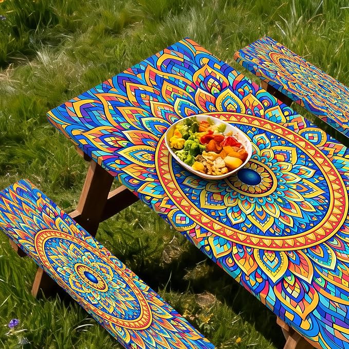 Fitted Picnic Table Cover with Bench Covers,Bohemian Waterproof Elastic Edges Rectangle Patio Tablecloth Outdoor Camping Essentials Stuff Rv Accessories Summer Travel Trip Camper Gifts