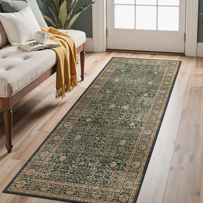2'6" x 7' Kitchen Runner Rug, Washable Non Slip, Dark Green Brown | Vintage Floral, Spill Resistant, Lightweight Low Pile Carpet for Hallway, Bedroom, Laundry Room and Bathroom