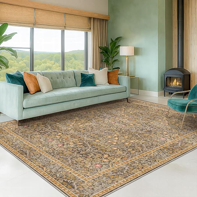 Gold Brown Floral Living Room Rug 5x7 - Vintage Forest Washable Area Rugs for Dining Room, Bedroom, Oriental Distressed Low Pile Non Slip Stain Resistance Indoor Earthy Carpet