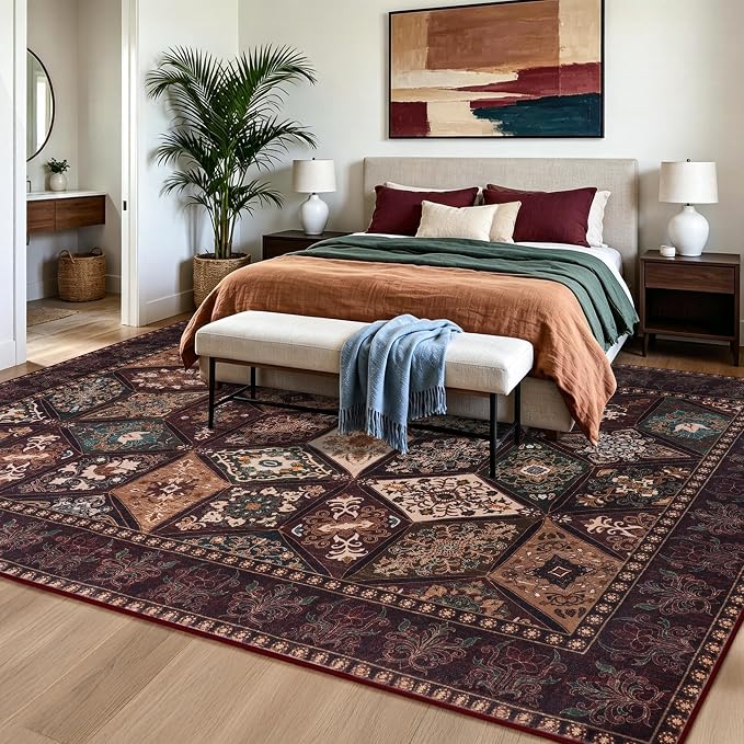 Moroccan Boho Floral Geometric Patchwork Washable 6x9 Large Area Rug | Vintage Distressed Non Slip Throw Carpet for Bedroom Livingroom Kitchen Hallway Entryway Office Dining Room Docer, Brown