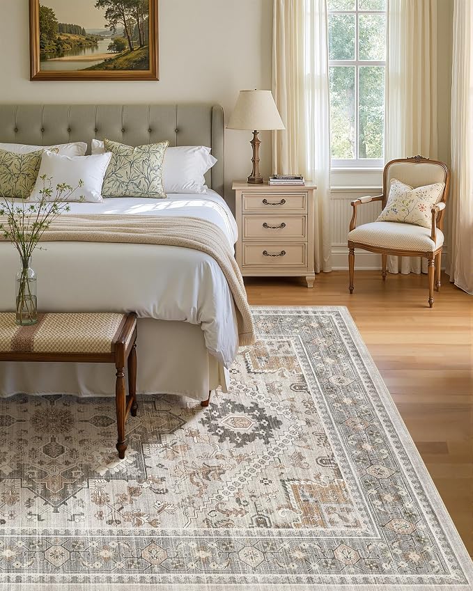 Washable Area Rug-10X14 Vintage Neutral Soft Taupe | Non Slip Thin Foldable Large Floor Carpet for Living Room Bedroom Kitchen Dining Room Home Office Farmhouse Indoor