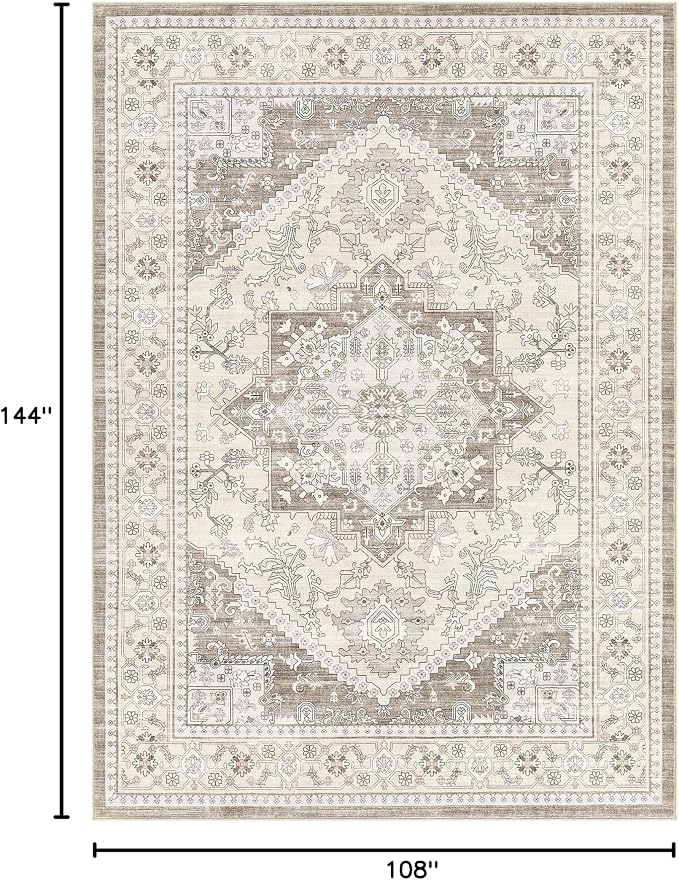 Washable Area Rug-9X12 Vintage Neutral Soft Brown | Non Slip Thin Foldable Large Floor Carpet for Living Room Bedroom Kitchen Dining Room Home Office Farmhouse Indoor