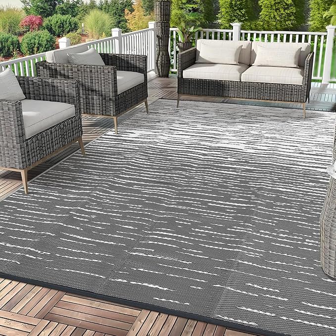 Garvee 6x9 Outdoor Rug Waterproof, Modern Striped Plastic Straw Rugs, Foldable Camping Rugs for Outside Your RV, Reversible UV Resistant Carpet for Backyard, Deck, Picnic, Balcony, Grey