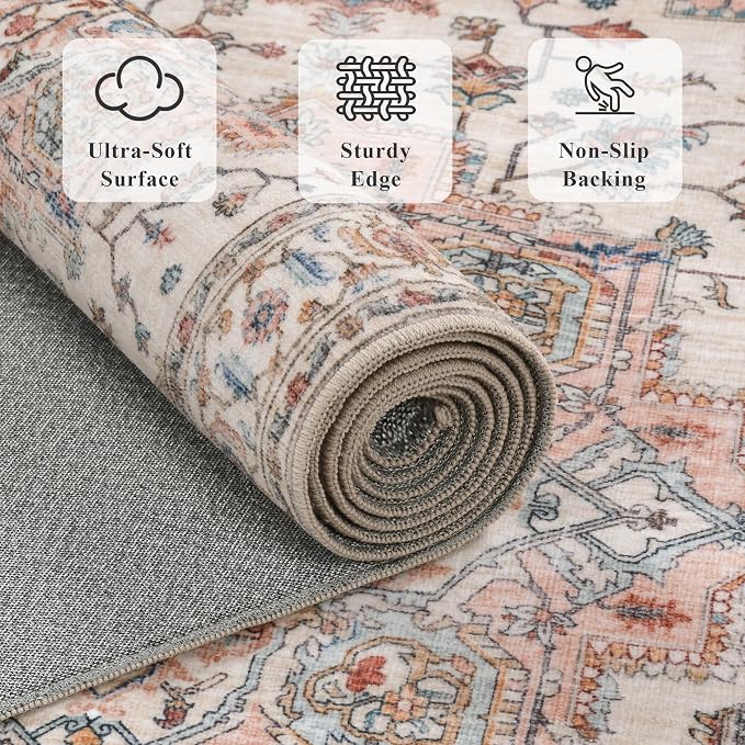 2x8 Vintage Runner Rug Low Pile Non-Slip Washable Hallway Rug | Retro Distressed Print Rug Non-Shedding Beige Pink Carpet Stain Resistant Long Rug for Hallway Kitchen Bedroom Laundry Room