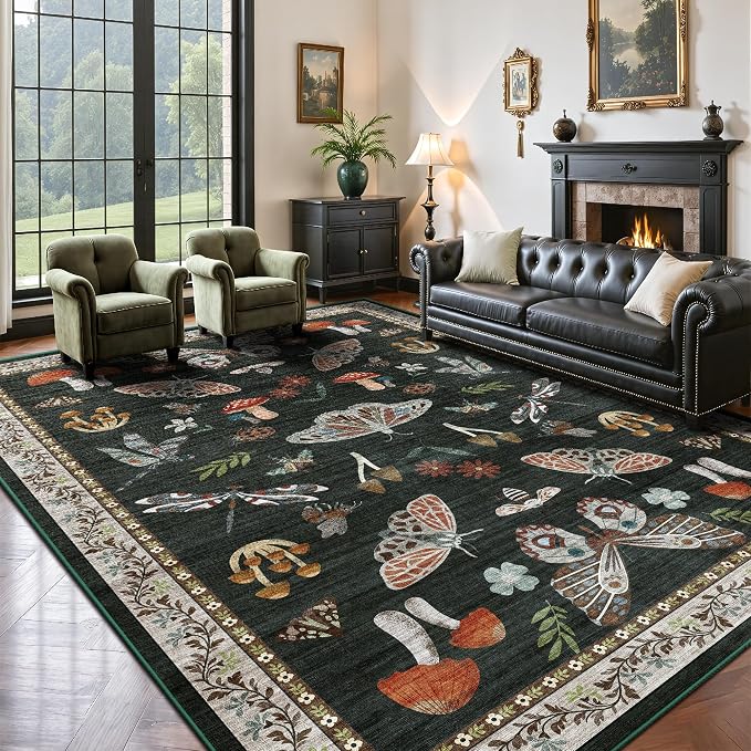 8x10 Area Rugs, Insect Ultra Soft Washable Rug Non Slip with Rubber Back, Stain Resistant Rugs for Living Room, Bedroom, Dining Room(Black Butterfly)