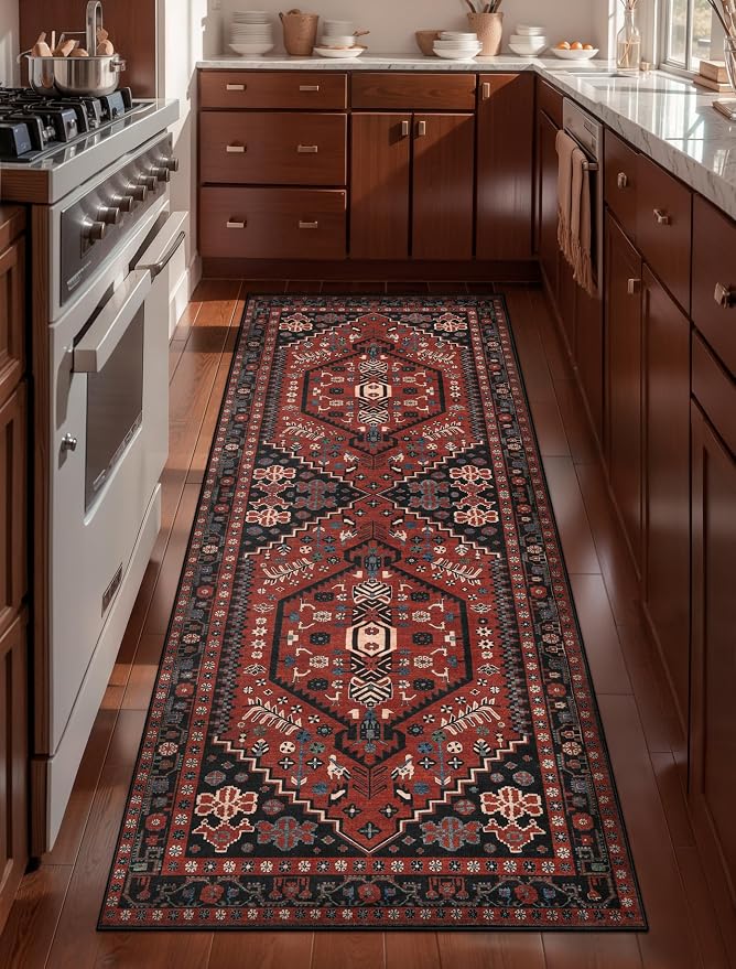 Ciicool 2x5ft Runner Rug,Washable Hallway Vintage Low-Pile Kitchen Carpet | Oriental Non-Slip Thin Indoor Mat Ultra Soft Entry Rugs for Entryway Bedroom Bedside Living Room Laundry Bathroom，Red/black