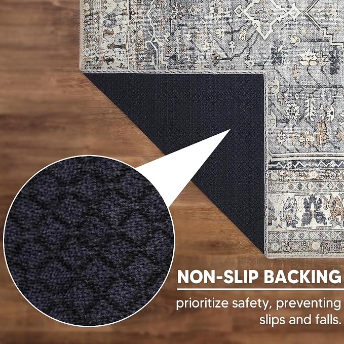 Keen Home Design Vintage Washable Area Rug, Non-Slip Low Pile, 5x7 | Machine Washable Cotton Chenille, 0.25In Low Pile, Rubber Non-Slip Back; Living Room, Bedroom, Dining Room, Office
