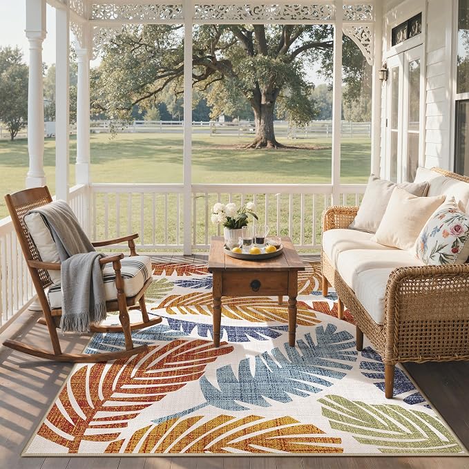 GENIMO Outdoor & Indoor Area Rug 4'x6', Waterproof, Non-Shedding, Easy Cleaning, Leaf Mat for Patio, Living Room, Balcony, Dining Room, RV, Deck, Bedroom, Camping, Outside Carpet, Rust Navy