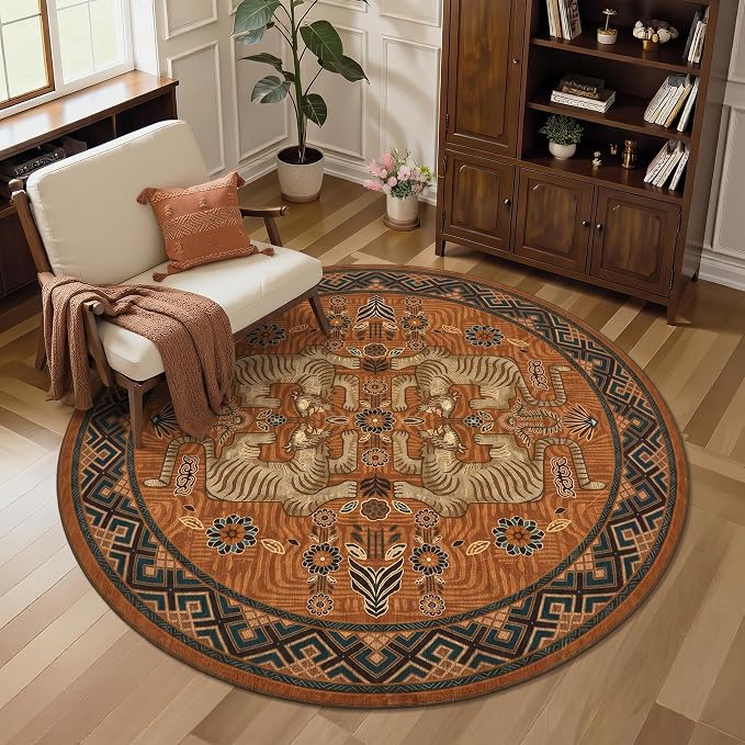 GarveeHome Tiger Round Area Rugs Boho Bedroom Non Slip Washable Vintage | 4ft Orange Animal Print Bedroom Circle Rugs,Tribal Floor Carpet for Dining Room Entryway Nursery Playroom Office