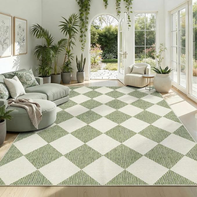 GarveeHome Sage Green Area Rug 9x12 Living Room Checkered Washable Rug | Large Diamond Non Slip Backing Floor Mat Indoor Soft Thin Carpet for Bedroom Dining Room Playroom Nursery Home Decor
