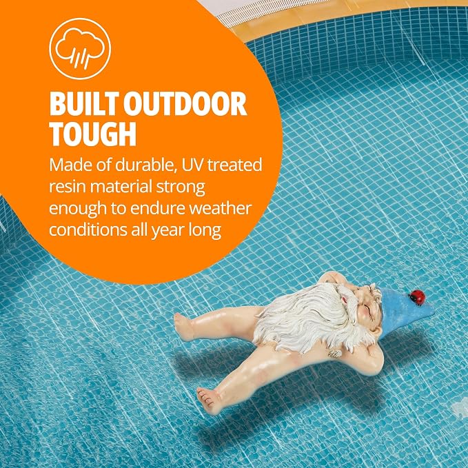 Exhart Sunbathing Naked Gnome Pool Floater, Durable Resin, Floats in Water,Funny Décor,7”x3.5”x13.5”