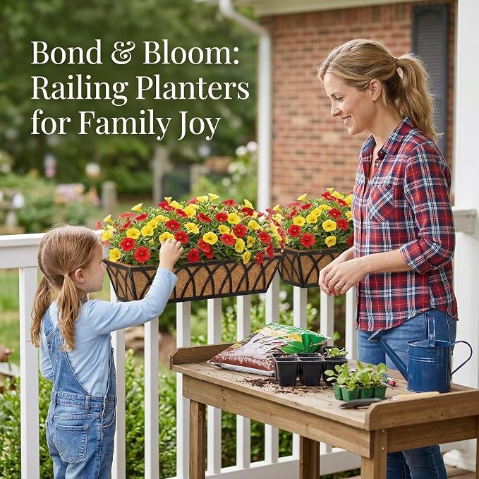 30 Inch 6 Pack Railing Planter with Adjustable Brackets, Window Box with Coco Liner, Hanging Metal Flower Box for Balcony Deck Fence Porch, Black