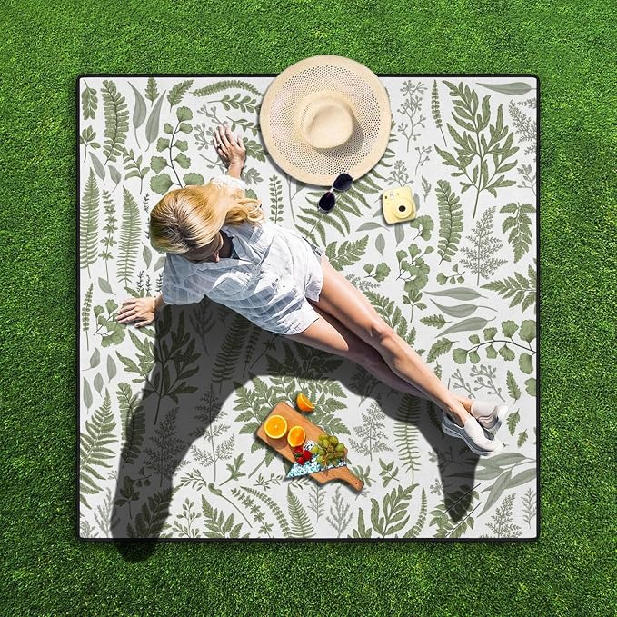 Picnic Blankets Waterproof Foldable Extra Large,80"x 80" Outdoor Beach Blanket Sandproof,3-Layer Lightweight Handy Mat Tote Picnic Camping Rugs for Outside Your Rv (Botanical Fern Plant)