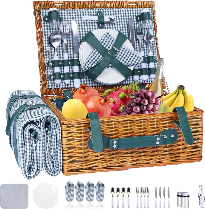 Picnic Basket Set for 4 with Waterproof Blanket Mat Insulation Bag Wicker Green Plaid Classic Cottagecore Gift for Christmas Thanksgiving Wedding Birthday Camp Outdoor Beach Travel