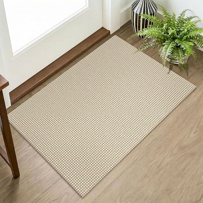 KOZYFLY Indoor Door Mat 2x3 ft Small Area Rugs Washable Front Door Mat Non Slip Rubber Backed Entryway Rug Cotton Entrance Doormat for Front Porch Bathroom Kitchen Bedroom, Ivory/Camel/Brown