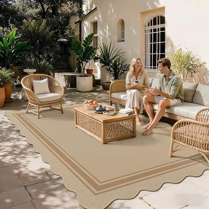 6x9 Scalloped Rug Easy Jute Washable Outdoor Patio Rug for Living Room Indoor Outdoor Tan Geometric Neutral Carpet for Backyard Patio Dining Room