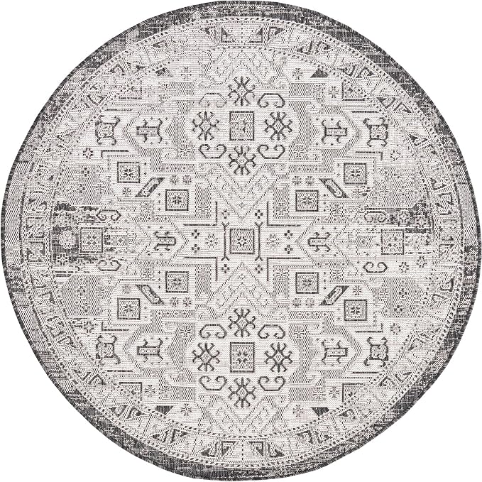 Unique Loom Outdoor Aztec Collection Area Rug - Coba (5' 3" Round, Charcoal Gray/ Ivory)